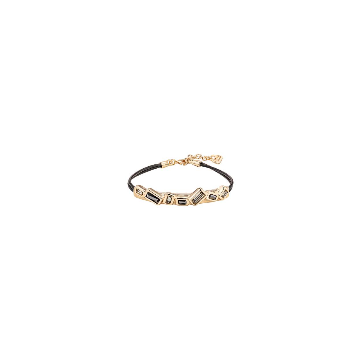 Leather and tube-shaped gold-plated metal alloy bracelet and faceted crystals.