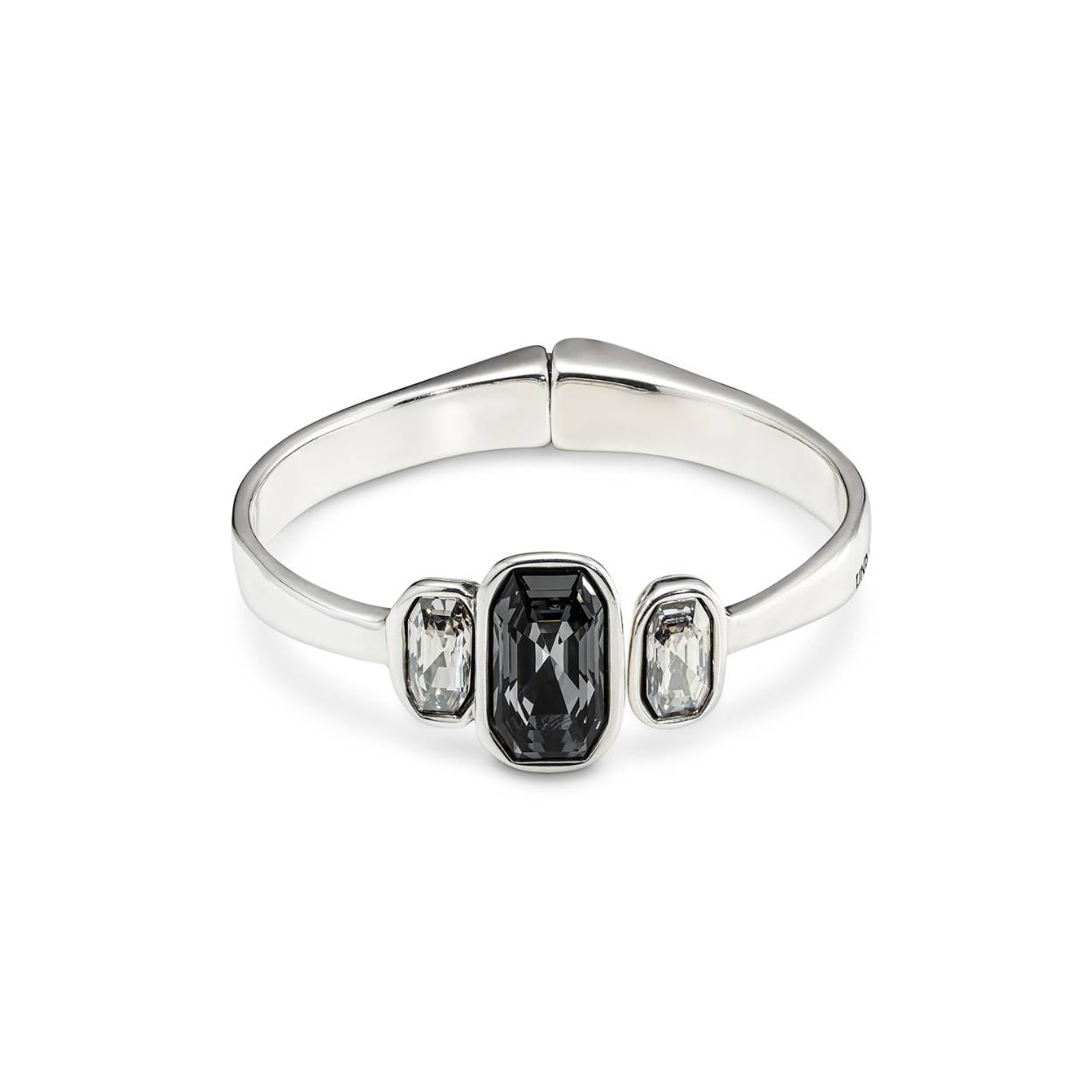 GEGOTEN VERZILVERDE ARMBAND MET VERBORGEN VEER, 2 ZIJKANT WITTE KRISTALLEN EN 1 CENTRAAL GRIJS