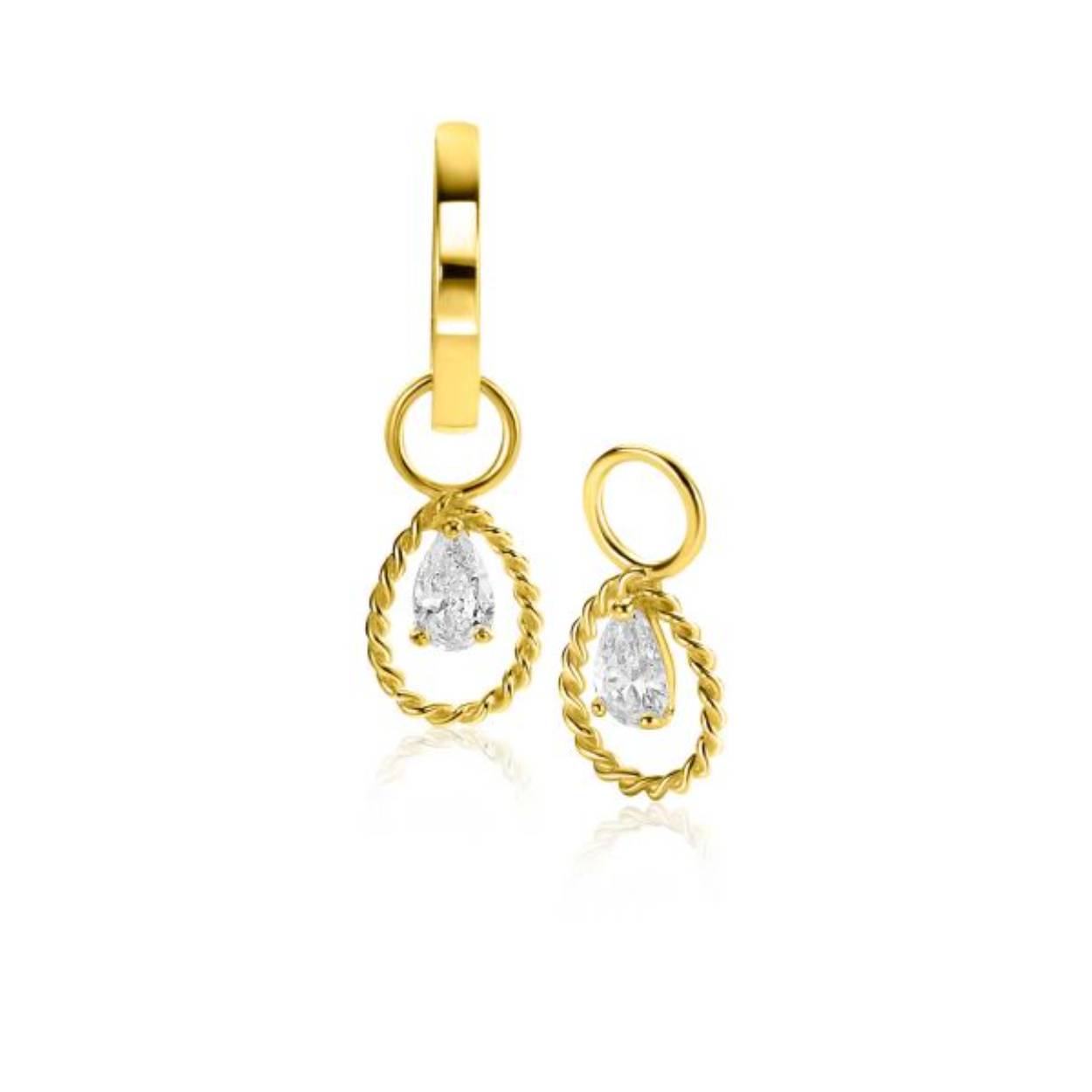 14 karaats geelgouden oorbedels druppelvorm met zirkonia's uit de collectie van Zinzi Gold te dragen aan oorringen.