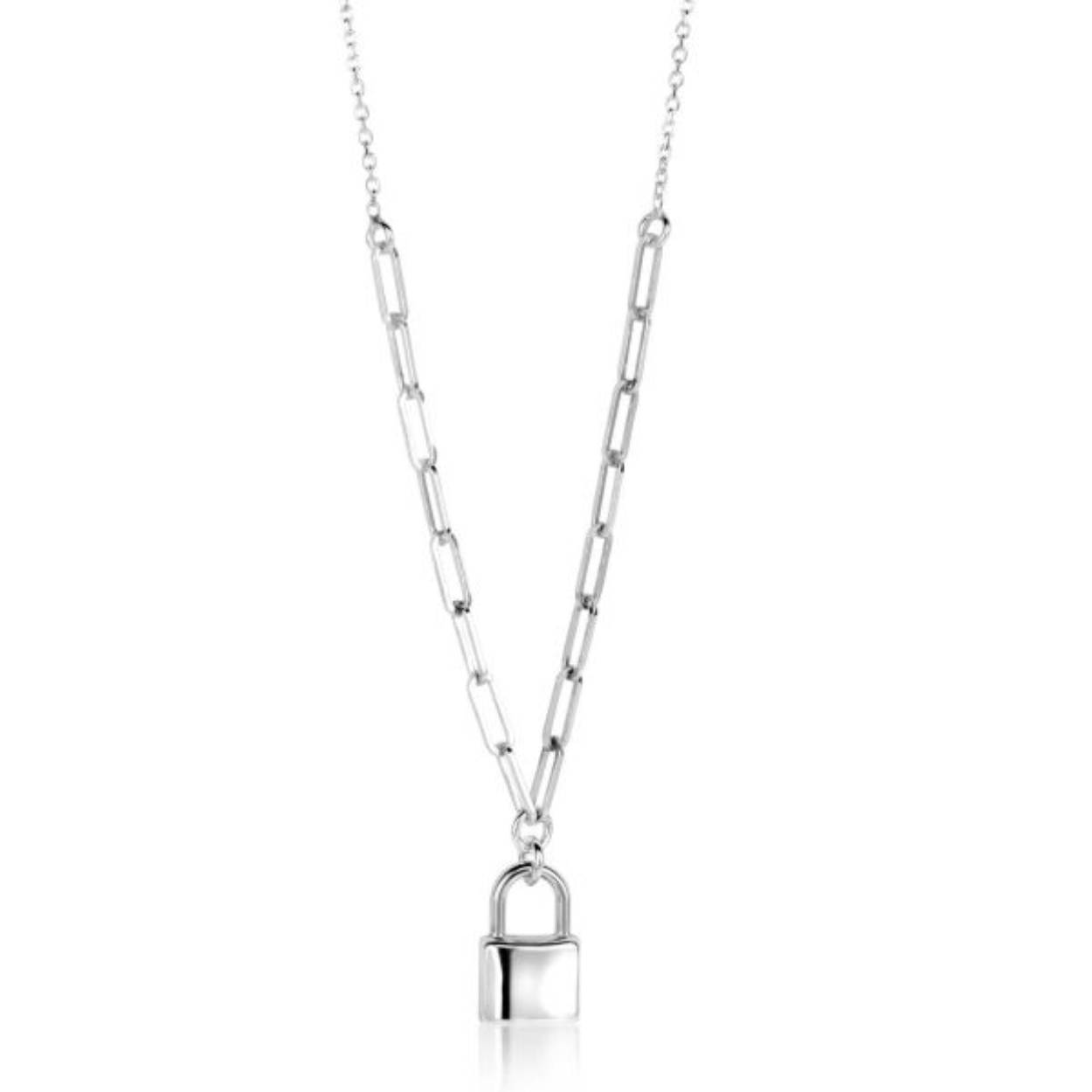 ZINZI zilveren paperclip schakelketting 45cm met trendy glimmend slotje als bedeltje. Met herkenbaar Zinzi hartje bij de sluiting. De lengte van de ketting is te variëren tussen 40 en 45cm. De ketting is vervaardigd van eerste gehalte zilver (925) en voorzien van een extra rodiumlaag voor een langdurige glans.