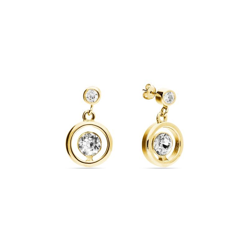 Deze Punct collectie wordt gekenmerkt door een licht doch luxueus ontwerp dat niet zal misstaan op een black-tie event, maar ook geschikt is voor alledaags gebruik. Dit sieraad is gemaakt van 925 sterling zilver, de allerbeste kwaliteit zilver, met een goudkleurige coating en is voorzien van een Swarovski kristal. De oorbellen bestaan uit een rond knopje met een kristal aan de voorkant, met daaronder een speelse hanger in de vorm van een opengewerkte cirkel met in het midden een rond facetgeslepen Swarovski kristal dat mooi glinstert. Het ronde knopje is aan de achterkant voorzien van een slanke steker die u gemakkelijk door uw oor steekt alsook een handige sluiting.