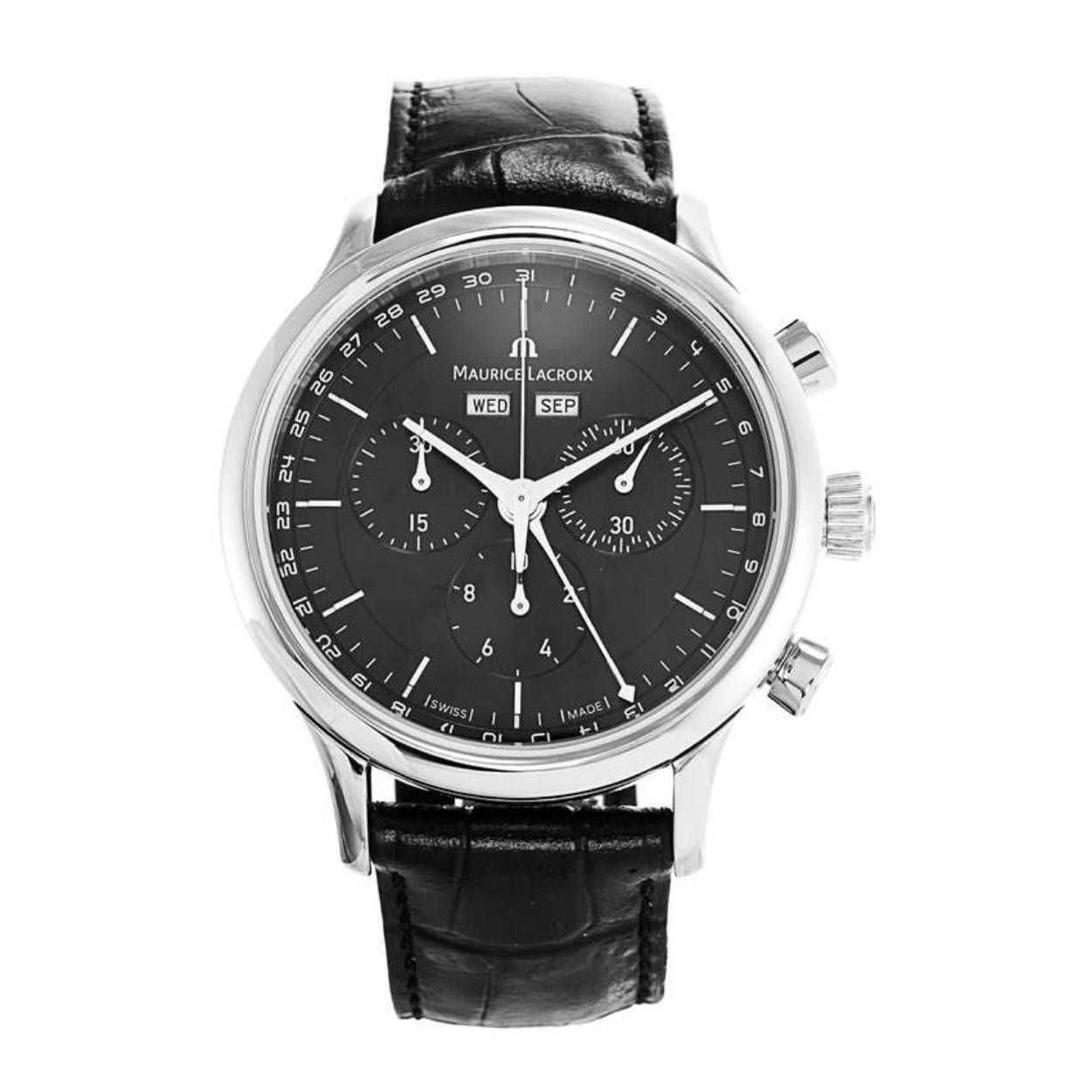 Horloge van Maurice Lacroix uit de serie Les Classiques.
Chronograaf.
Band: Krokodillenleer.
Dagweergave: Ja
Maandweergave: Ja