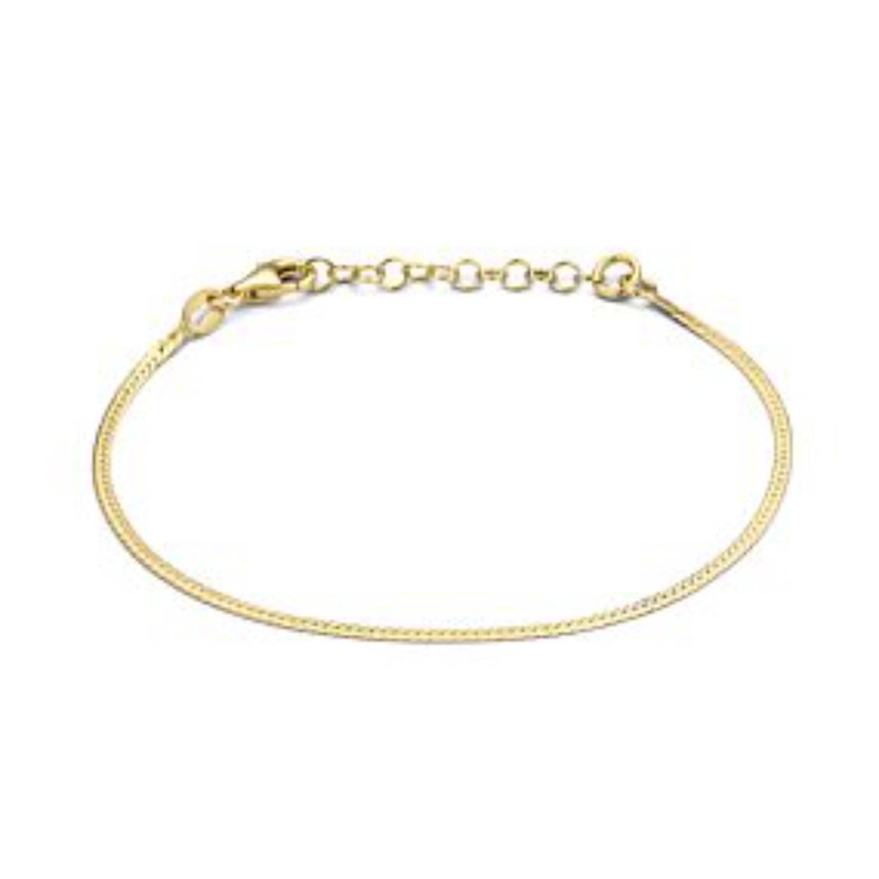Geelgoud op 925 zilveren armband met een breedte van 1.7mm. De armband heeft een draaglengte van 16cm met een extensie van 3cm en een stevige karabijn sluiting. Geen garantie op plating.