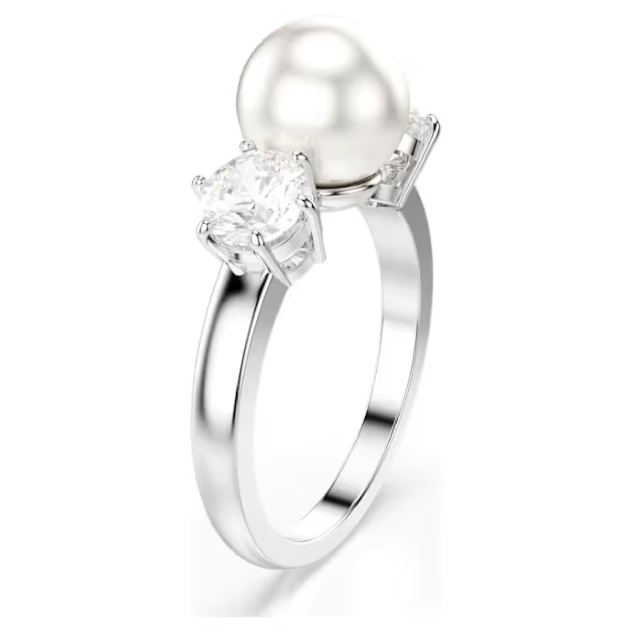 Deze verfijnde Matrix-cocktailring geeft een klassiek model een frisse uitstraling. Het ontwerp met rhodium toplaag wordt gekenmerkt door een witte Swarovski Crystal Pearl in het midden met aan weerszijden een Swarovski Zirkonia in klauwzetting. Een luxueus sieraad voor een onmiskenbaar elegante look.