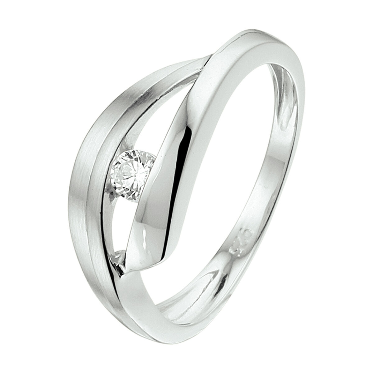 Gerhodineerd 925 zilveren ring uitgevoerd met een heldere zirkonia en een poli/matte afwerking. De ring heeft een breedte van 7.5mm.