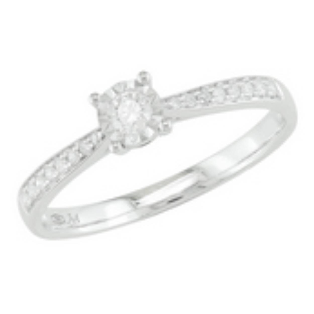 Ring in witgoud solitair model. De ring heeft een briljant van 0.16ct met zijstenen in briljant.

