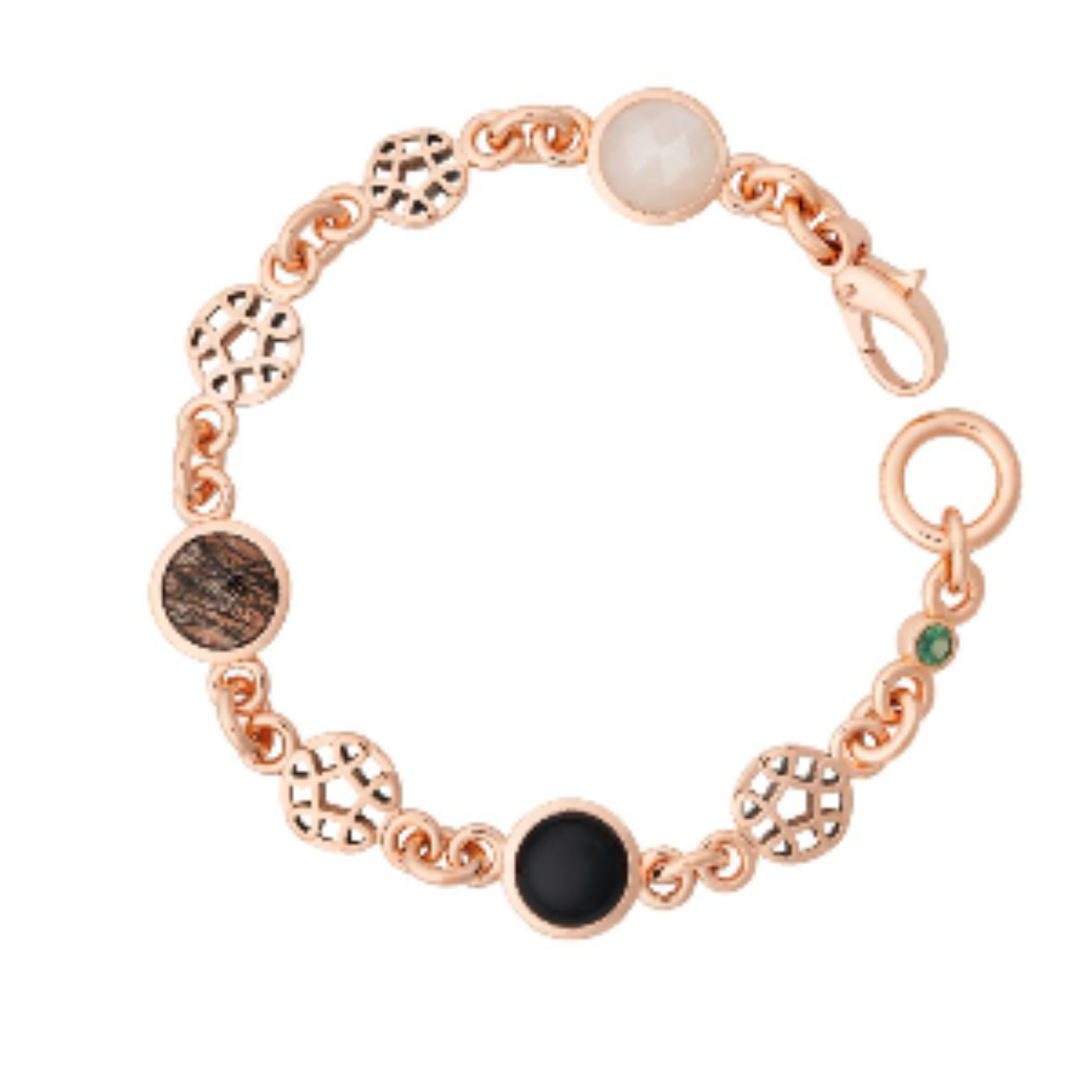 18 krt roségoud
Rutielkwarts briolet, wit maansteen, onyx