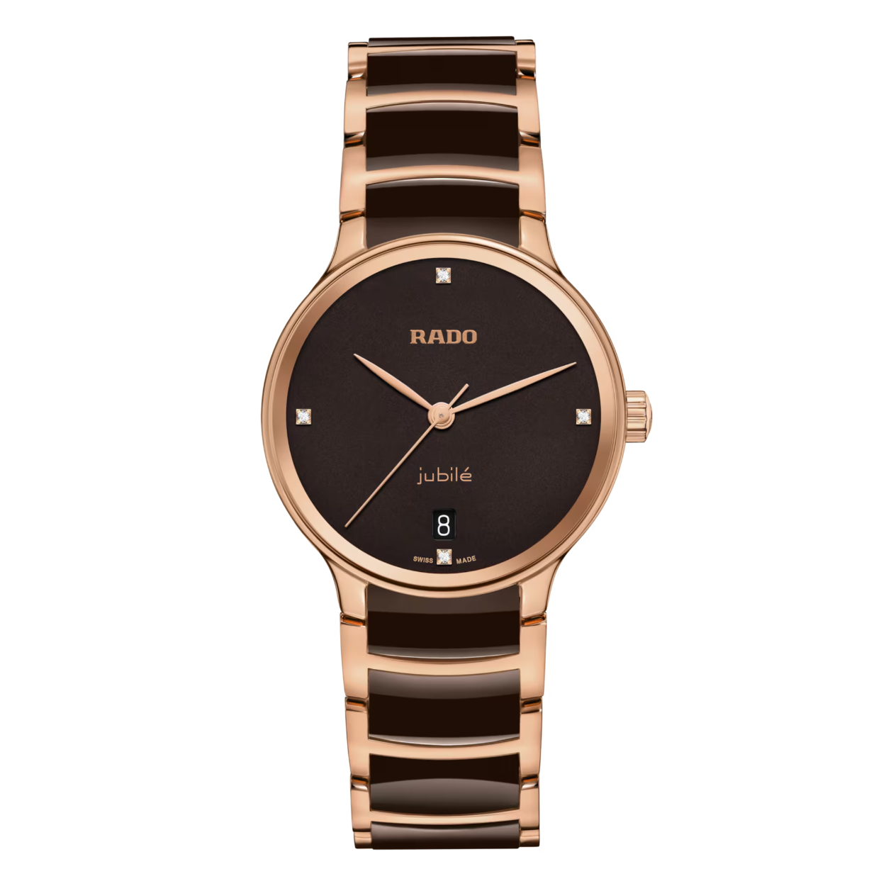 Rado Centrix Jubilé bruin keramiek met rosé PVD coat met diamanten