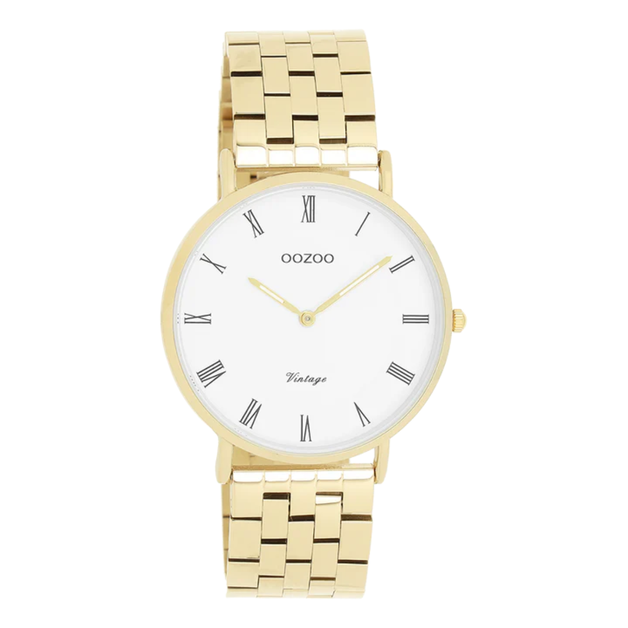 Horloge van Oozoo met een witte wijzerplaat en goudkleurige stalen schakels
