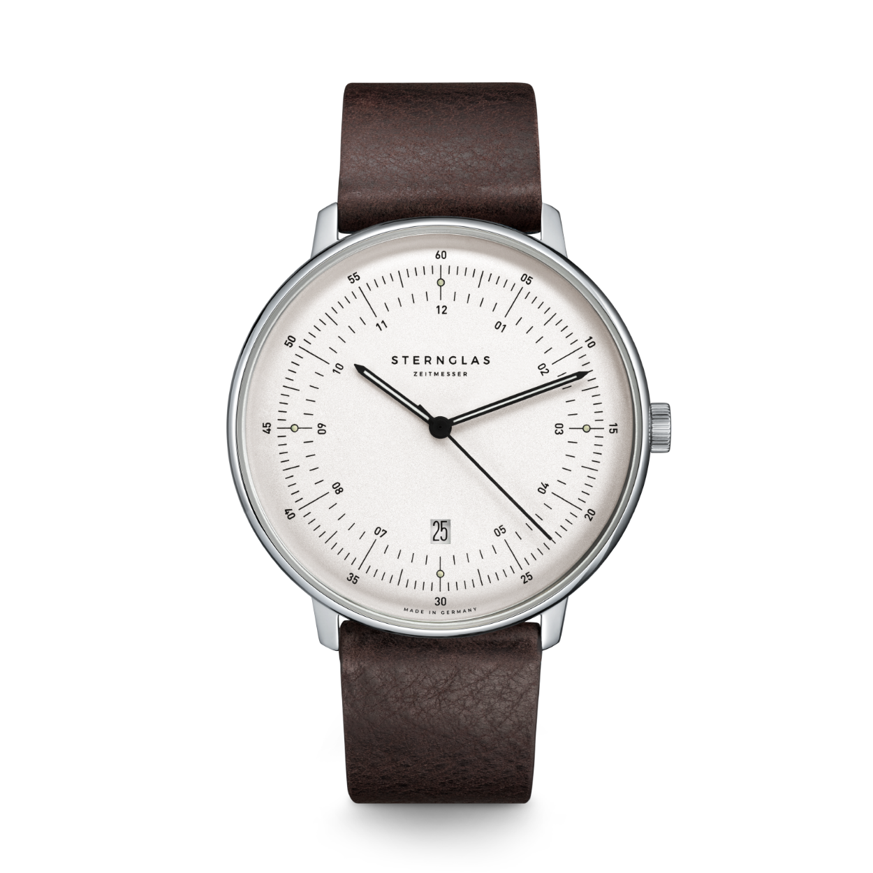 Sternglas S01-HH10-VI11 HAMBURG Heren Horloge

- Behuizing gemaakt van staal, in de kleur zilver
- Horlogeband gemaakt van leer, in de kleur bruin, met gesp
- Quartz uurwerk, werkt op batterijen
- Datum weergave
- Voorzien van saffierglas, zeer hard en vrijwel krasvrij
- 5 ATM waterdicht, geschikt om mee te douchen.
- Breedte van de behuizing is 42 mm
- Dikte van de behuizing is 6 mm