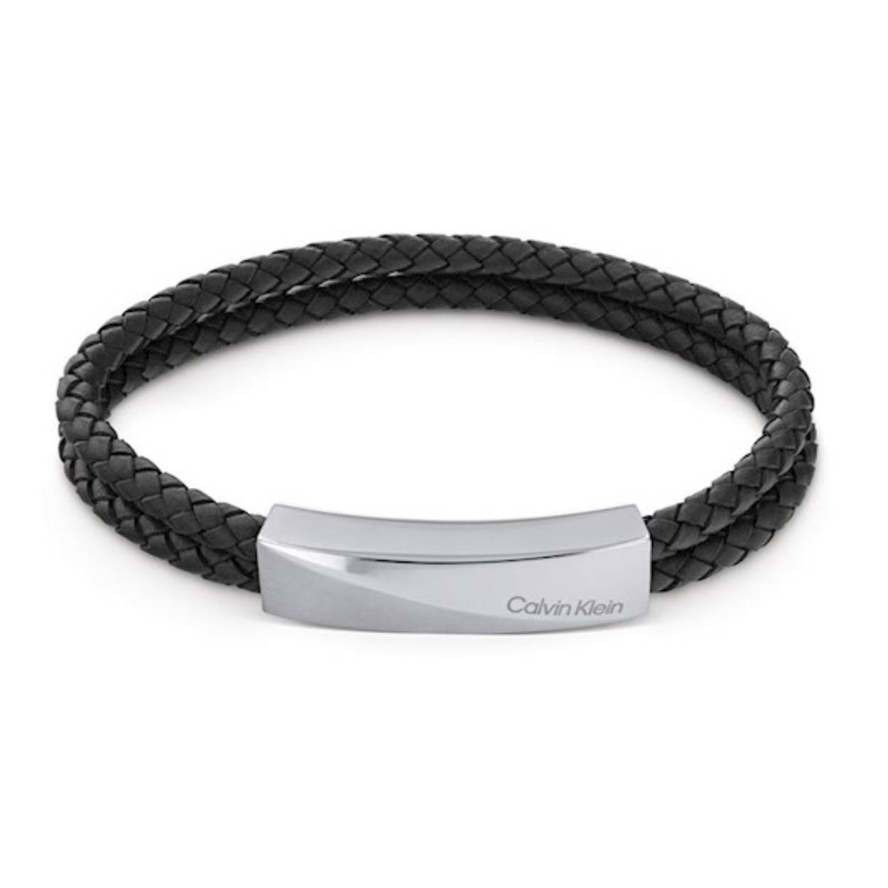 Calvin Klein armband leer/ staal Braided bracelet CJ35000097. Leer gevlochten armband. Kleur van de armband is zwart.