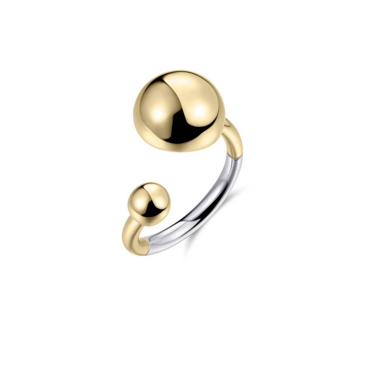 Goldplateed ring met 2 kralen aan de bovenkant en op met een zilveren onderkant