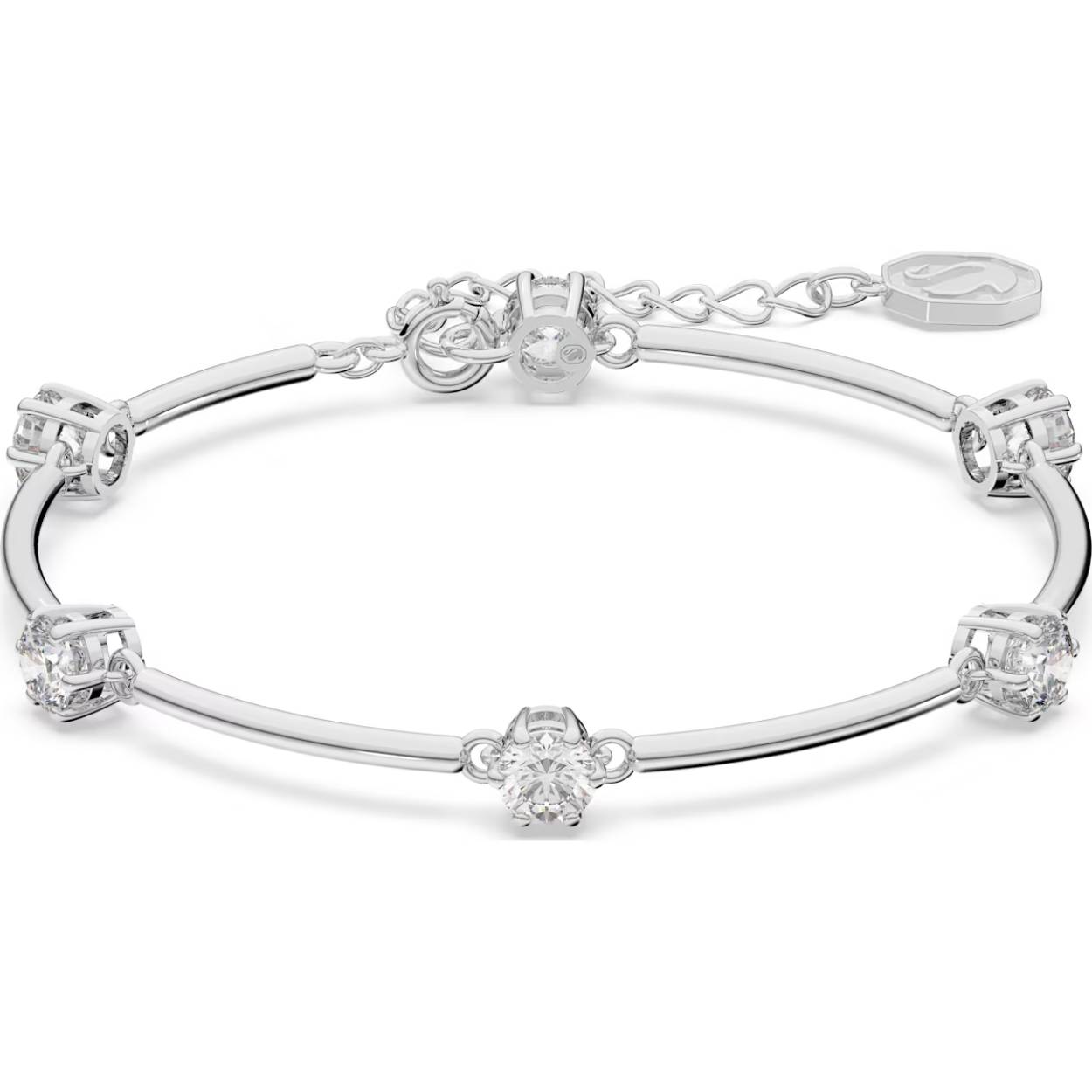 Roep de pracht van het heelal op met deze schitterende armband uit de Constella-lijn. De rij van ronde stenen met een briljantslijpvorm is geïnspireerd op klassieke solitaire sieraden en aan elkaar verbonden via schakels met rodium toplaag, waardoor ze meebewegen met het lichaam. Het sieraad bevat een sluiting met ketting en veerring waarmee de lengte versteld kan worden. Dit is sterrenstof in een draagbare vorm.