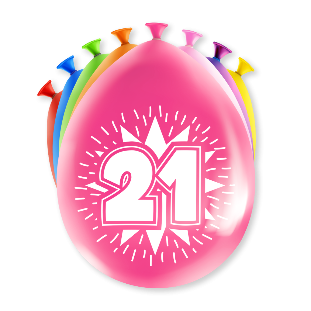 Een feestje kan niet zonder ballonnen en als u party ballonnen met 21 jaar koopt dan krijgt u deze in maar liefst 8 verschillende kleuren! De ballonnen zijn gemaakt van latex en zijn ongeveer 30 bij 30 centimeter groot.