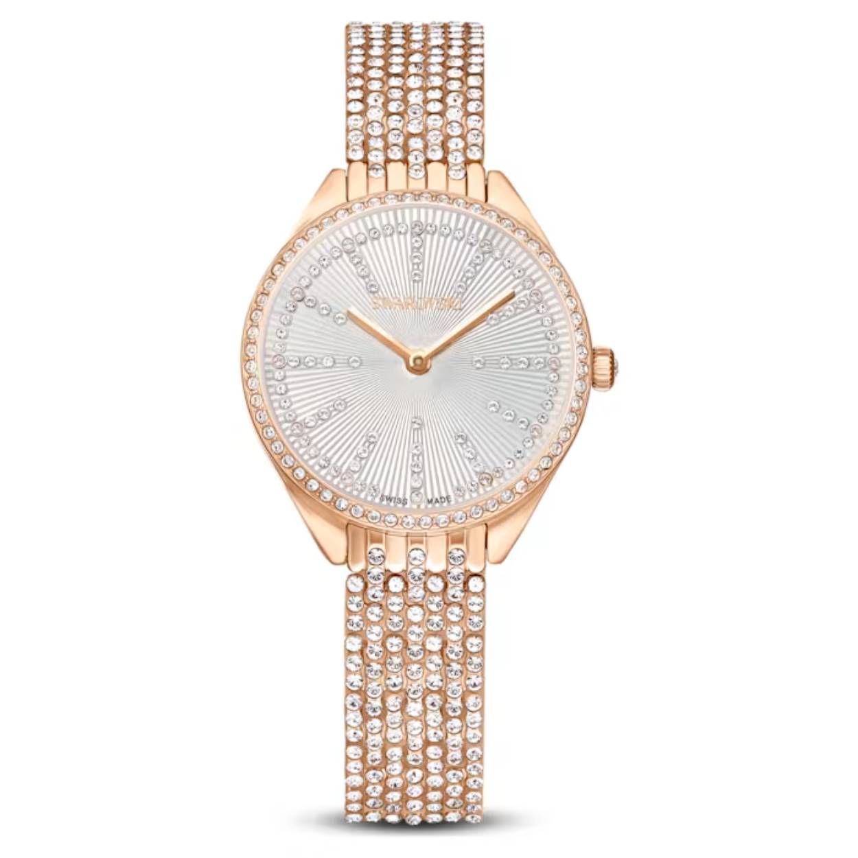 Dit eigentijdse horloge van 30 mm is afgewerkt met een roségoudkleurige toplaag en 433 kristallen voor een stijlvolle look. De strakke wijzerplaat bevat een guillochepatroon en kristallen uuraanduidingen, en de smalle lunette en armband bevatten elk een eigen pavé van stralende heldere kristallen. Dit schitterende Swiss Made-horloge is waterbestendig tot 50 m. en voorzien van één steen in de kroon, en vormt het perfecte uurwerk voor een luxueuze look voor overdag en 's avonds.