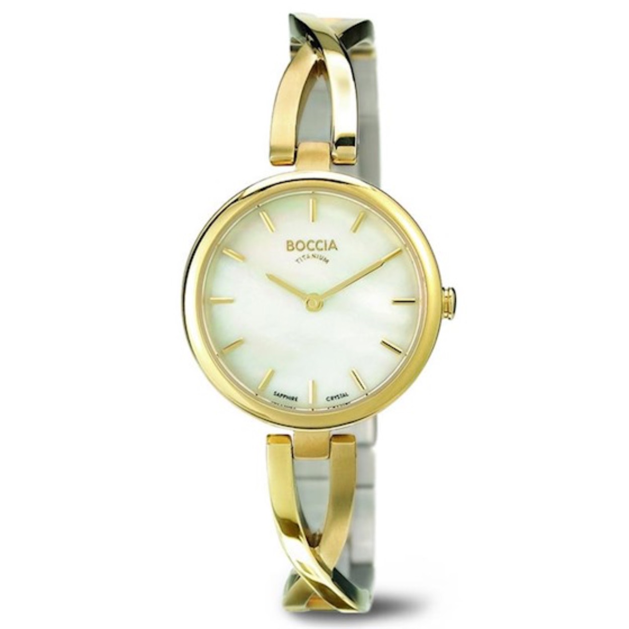 Boccia Titanium 3239-03
Dit Boccia Titanium dameshorloge heeft een goudkleurige titanium kast. Het horloge heeft een kastdiameter van 28 mm en krasvast saffierglas. De band van het horloge is van titanium en kan op maat worden gemaakt door er schakels uit te halen met een horlogeband inkortset. Of je nu sportief of chique gekleed gaat, dit horloge past bij elke outfit en iedere gelegenheid. 

HET MERK
Boccia Titanium: de specialist in het edelmetaal titanium � horloges en sieraden van puur (99,7%) titanium. Titanium heeft een hoog draagcomfort: het is licht in gewicht, huidvriendelijk en neemt de temperatuur van de huid snel aan. 

SPECIFICATIES
- Krasvast saffierglas
- Ronde goudkleurige titanium horlogekast, � 28 mm
- Goudkleurige titanium horlogeband
- Wit parelmoeren wijzerplaat
- 5 ATM

INKORTEN BAND
De band van het horloge kan op maat worden gemaakt door er schakels uit te halen met een horlogeband inkortset.

