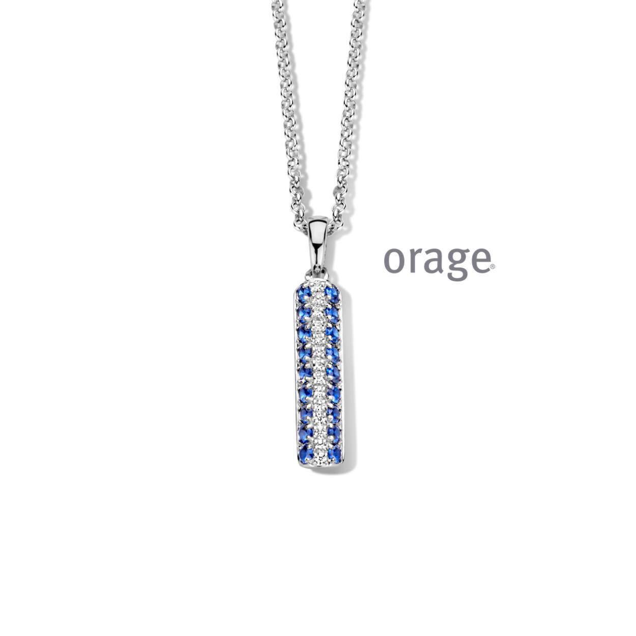 Zilveren ketting (verschuifbare lengte) met hanger van het merk Orage
De hanger bevat blauwe en witte zirkonia's
Bijhorende ring en oorringen ook verkrijgbaar van deze set.