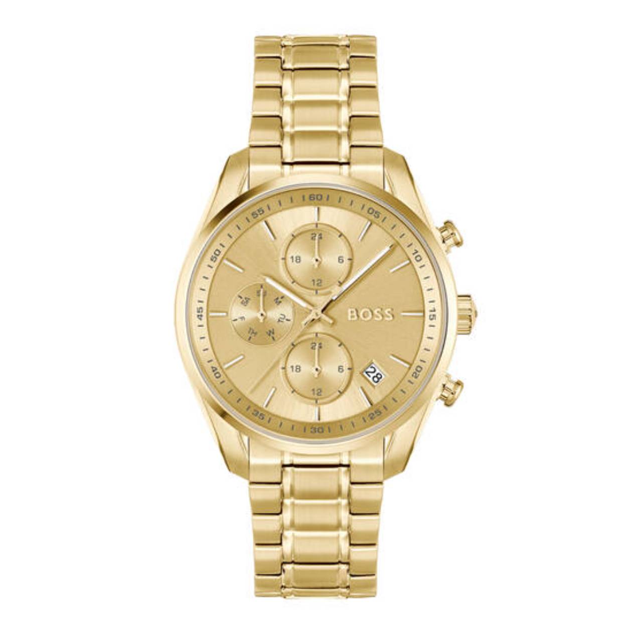 BOSS HB1502768 GRAND TOUR LADIES Dameshorloge 38mm 
Dit BOSS horloge uit de GRAND TOUR LADIES serie met artikelnr: HB1502768 heeft een luxe sportieve uitstraling. Zeer geschikt voor de moderne stijlvolle vrouw van nu. Het dameshorloge valt op door zijn stalen goudkleurige horlogekast met een gladde goudkleurige bezel en een goudkleurige sunray wijzerplaat met een dag, datum en 24-uursaanduiding. Opvallend zijn de fijne wijzers. Aan de kast zit een stalen mat glanzende goudkleurige schakelband met een vouwsluiting. Het horloge heeft een doorsnee van 38mm met een mineraalglas en is 3ATM. 

HET MERK:
HUGO BOSS is afgestemd op levensstijlen waar het gaat om kwaliteit en precisie. Het wereldwijde fashionlabel is verdeeld in twee merken: BOSS en HUGO. Het merk BOSS biedt geavanceerde, moderne horloges gericht op kwaliteit en design om een onberispelijke look te creëren – of het nu zakelijk, casual of sportief is. De horloge collectie van BOSS is perfect afgestemd op levensstijlen waar het gaat om kwaliteit en precisie. BOSS is op maat gemaakt in een onberispelijke stijl.

Blijf stijlvol bij de tijd. Voor de BOSS-vrouw is stijl het handelsmerk en draait alles om
details. Breng uw look naar een hoger niveau met onze nieuwe en kenmerkende horlogecollectie.

SPECIFICATIES:
- Mineraalglas
- Ronde kastvorm, Ø 38mm
- Stalen horlogekast
- Goudkleurige wijzerplaat
- Stalen schakelband
- 3ATM