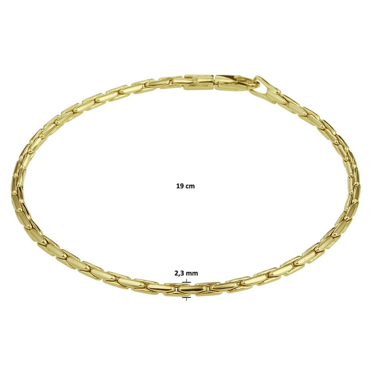 14k Geelgouden cardano armband met een schakelbreedte van 2.3mm. De armband heeft een draaglengte van 19cm en een karabijn sluiting.
