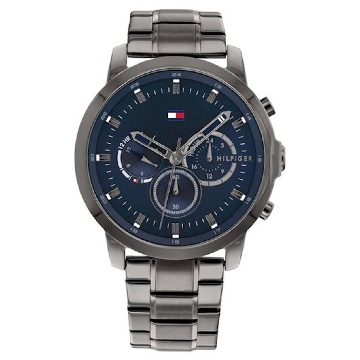 Dit is een herenhorloge van het merk Tommy Hilfiger uit de serie Jameson. Met een horlogekast gemaakt van staal en een grijze band van staal.