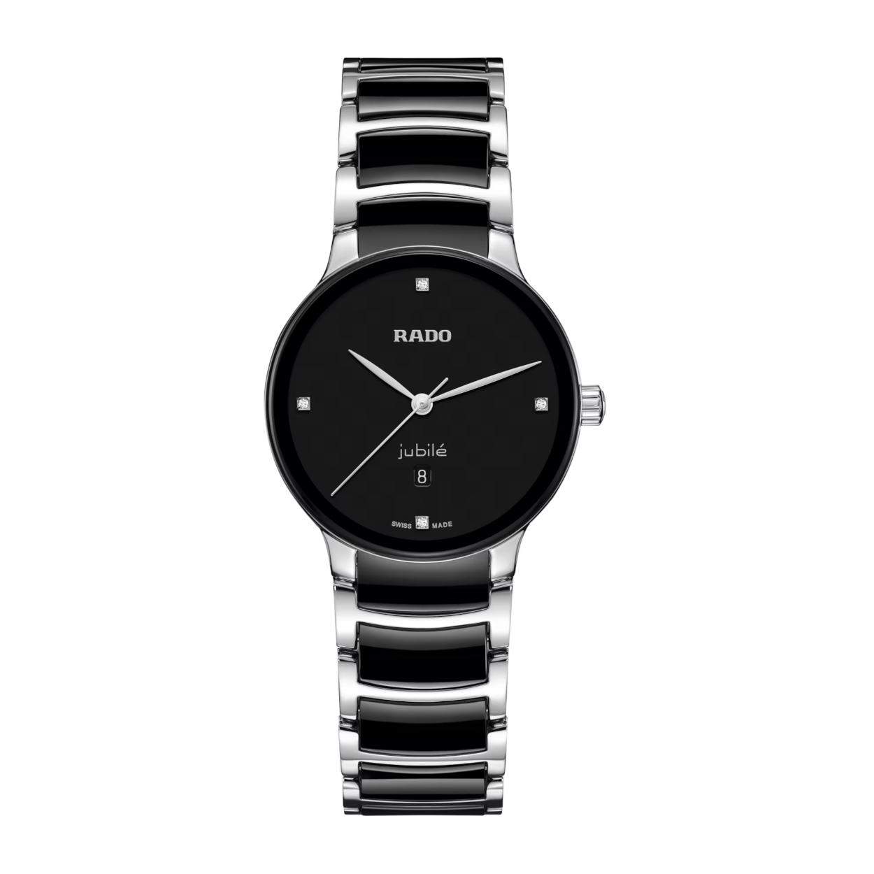 Het klassieke Centrix Quartz Diamonds-horloge is niet alleen technisch, maar ook esthetisch herwerkt. Het aangepaste model heeft een afgerond saffierglas dat helemaal doorloopt tot aan de rand, evenals een gebogen kast die overgaat in de gebogen kristalrand. De aangepaste kastaanzetten en de armband van gepolijst roestvrij staal met zwarte hightech keramische middenschakels completeren het totaalbeeld van dit iconische uurwerk. De zwart gelakte wijzerplaat met 4 diamanten, geaccentueerd door het gedrukte “jubilé” logo, matcht perfect met de rhodiumkleurige wijzers. Dankzij de PreciDrive- en HeavyDrive-functies in het kaliber R079 quartz uurwerk heeft het horloge een grotere nauwkeurigheid en weerstand tegen schokken. Het horloge is waterdicht tot 50 meter.