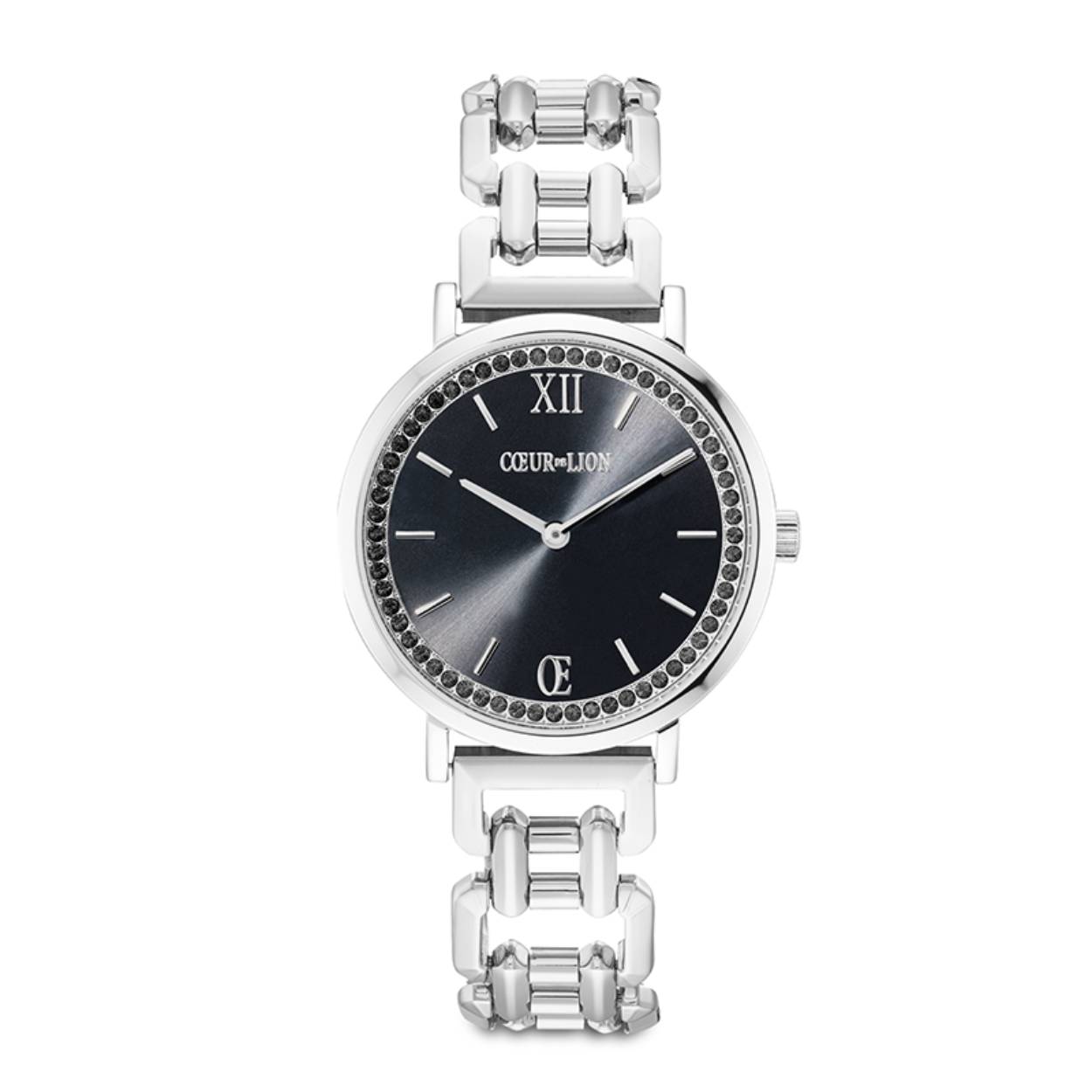 Coeur de Lion horloge met een stalen schakel band en kast. De wijzerplaat is sunray zwart met zilverkleurige indexen en wijzers.Rondom de wijzerplaat zijn glinsterende steentjes geplaatst voor een chique uitstraling