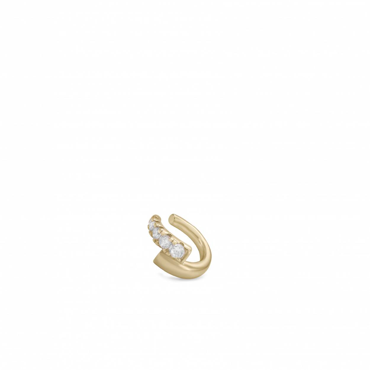Gold plated silver ear cuff earrings with double design of contiguous bands of white zirconia set and smooth silver that meet in the center.