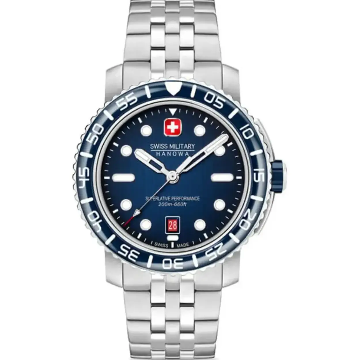 Swiss Military horloge met stalen band, Black Marlin staal/blauw