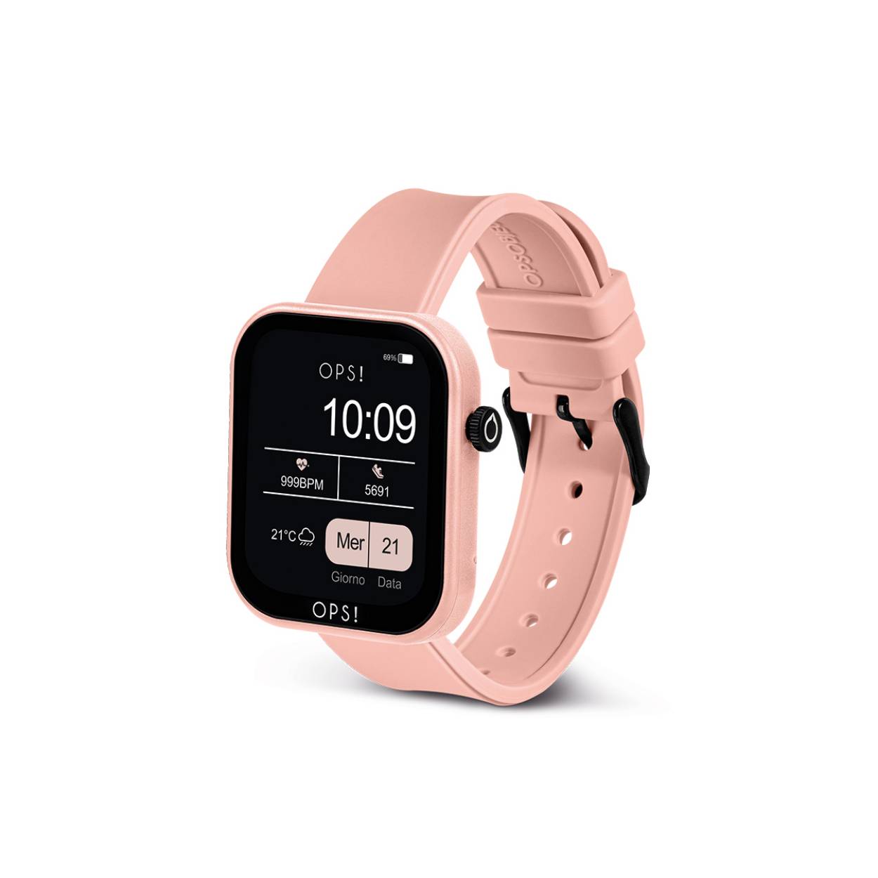 Smartwatch with ABS case and hypoallergenic silicone strap. Case dimensions 40x44x10.7 mm with 1.83″ color full touch display. Inner circumference of the strap: 180mm to 140mm. Steel pin clasp.