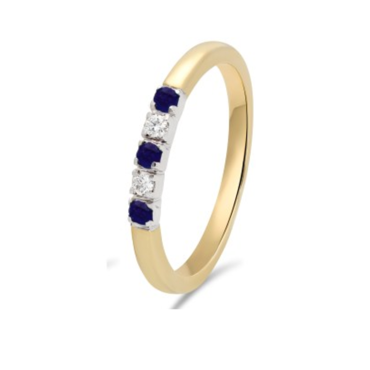 14 Karaat gouden bi-colour damesring met een rijtje van 2 diamantjes - briljant geslepen van in totaal 0.04 crt. en 3 blauw saffier steentjes van 0.08 crt.