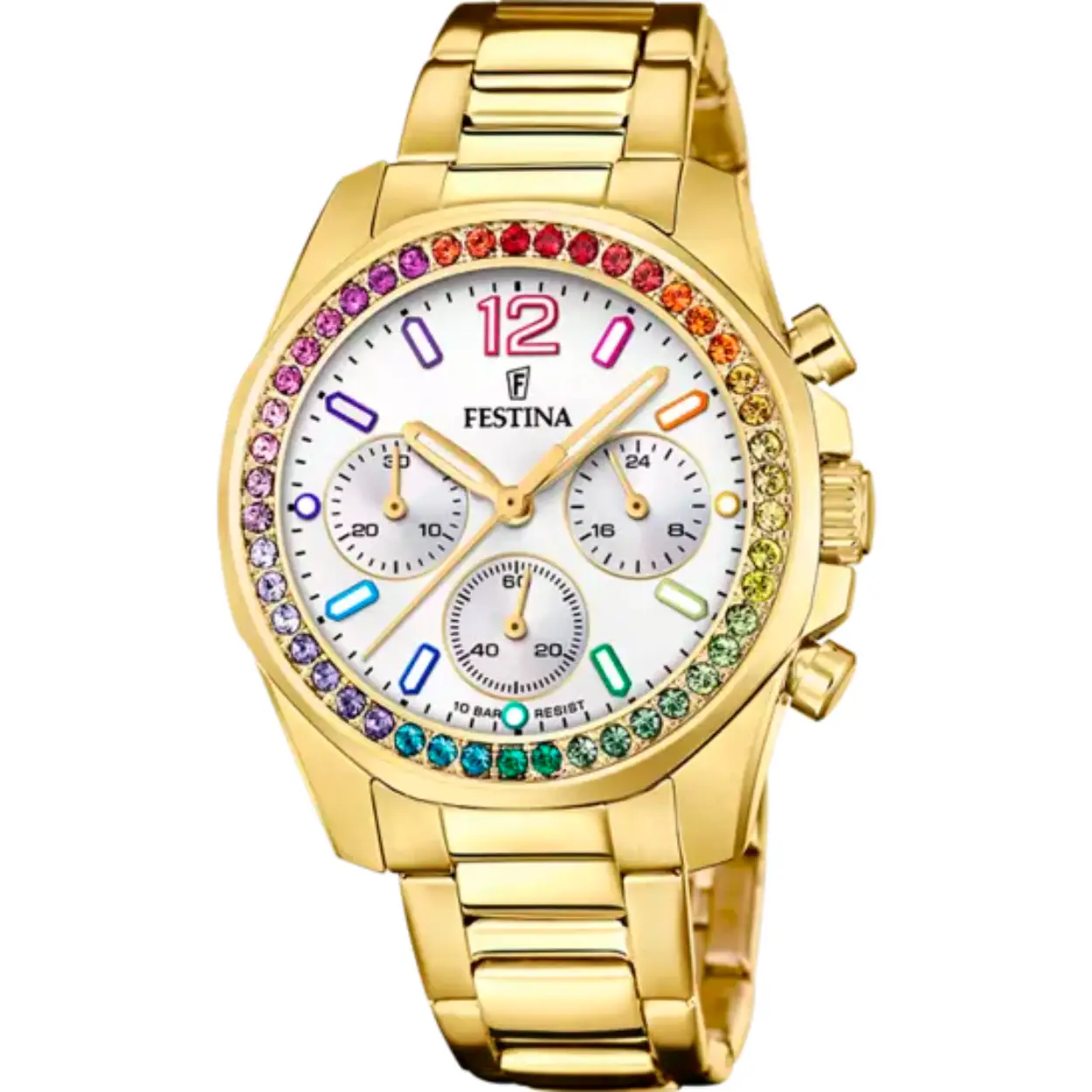 Goudkleurige band en kast in edelstaal
In de kast zitten multi-color zirkonia's verwerkt
Parelmoer wijzerplaat 'multifunctie' met rosékleurige details
Chronograaf
Waterdichtheid: 10 ATM