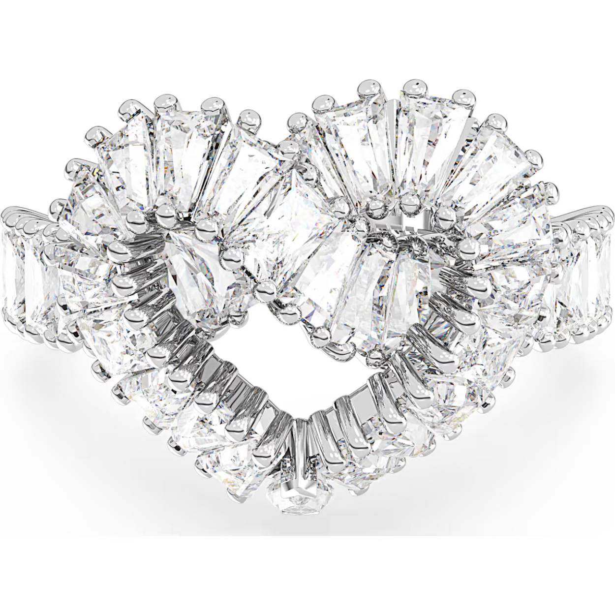 Deze Matrix-ring is samengeweven tot een uitzonderlijke hartvorm en straalt een positieve elegantie uit. Het vakmanschap begint met het ontwerp met rhodium toplaag, dat is voorzien van verschillende heldere stenen met diverse slijpvormen, waaronder baguette, tapered baguette en kite. Het resultaat is sensationeel. Kies dit sieraad om uw passie voor schoonheid te laten zien of geef het cadeau aan een dierbare.
