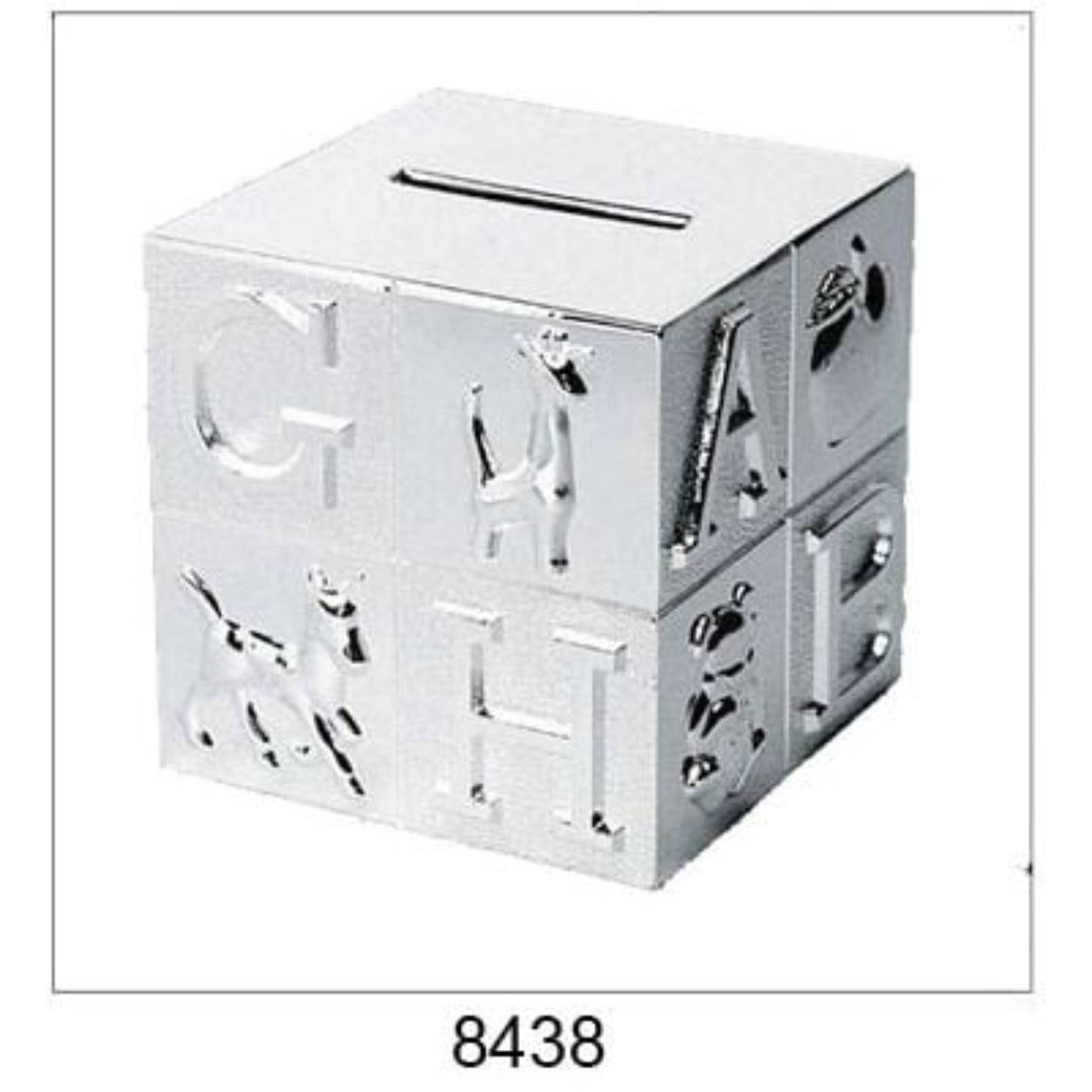 Verzilverde spaarpot kubus.