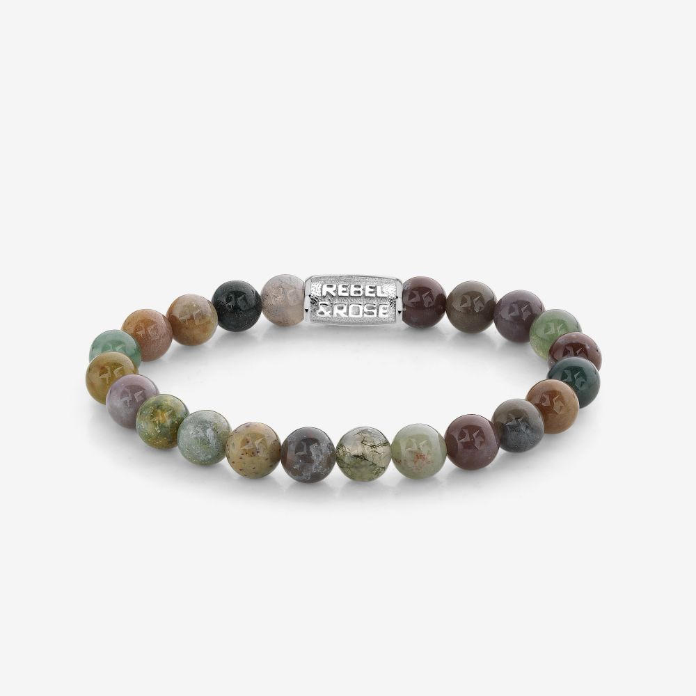 Edelstenen bead armband, handgemaakt van 8mm Indiase Agaat stenen met een zilverkleurige sluiting. Het Rebel & Rose sieraad is makkelijk te combineren met andere zilveren, leren of kralenarmbanden.