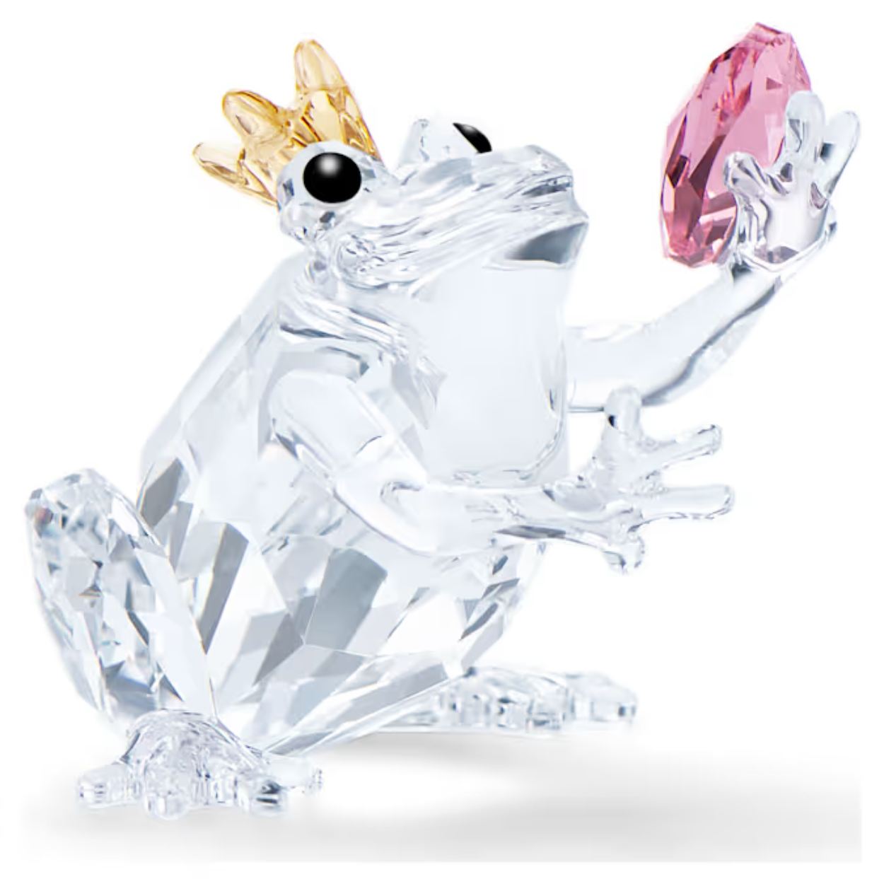 De sprankelende kikkerprins van Swarovski is een charmant, met liefde voor geliefden gemaakt verzamelobject met een lachend gezicht en vriendelijke, gitzwarte ogen. Hij is gemaakt van sprankelende kristallen met 245 facetten die invallend licht op prachtige wijze reflecteren. Het beeldje heeft een roze kristallen hart in de hand, terwijl de kroon schittert met een gouden schaduweffect. Een schattig cadeau voor romantische gelegenheden. Decoratieobject. Geen speelgoed. Niet geschikt voor kinderen jonger dan 15 jaar.