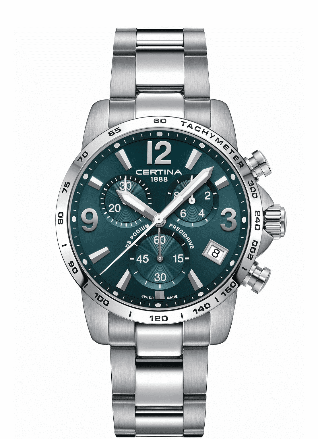 Dit is een certina horloge uit de collectie DS podium. Deze viel in de smaak bij sportieve mensen die meteen werden aangetrokken door de grote cijfers, de contrasterende elementen, de gepolijste bezel en de kloeke vormgeving. Het model is uitgevoerd met een Swiss Made precidrive uurwerk. Het ultra-precieze quartz chronograafuurwerk zorgt voor 60-seconden-, 30-minuten- en 1/10-seconden timing (in real time, zichtbaar tijdens de eerste minuut), en heeft natuurlijk de standaard uren- en minutenwijzers, een kleine seconde en een datum, alle beschermd door dubbel ontspiegeld saffierglas