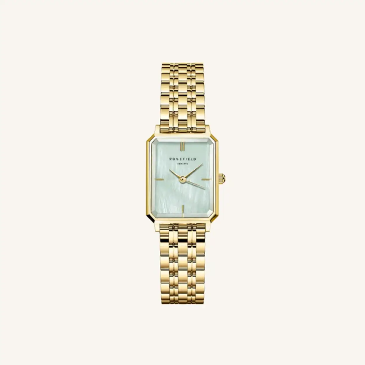 Het perfecte horloge voor een smalle pols met een elegant ontwerp. Gemaakt van mint groen parelmoer voor de wijzer, 3D geslepen glas en een elegante 5-link horlogeband.
