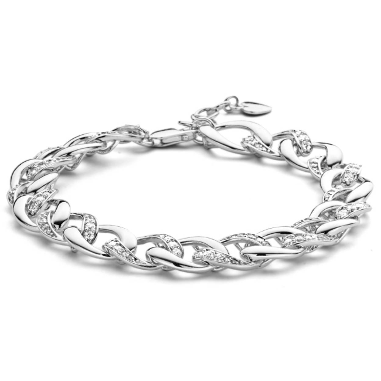 Luxe zilveren schakelarmband met zirkonia's 
De armband is gerhodineerd voor een langdurige glans