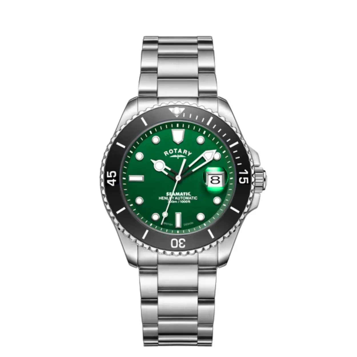 The Rotary Seamatic dive watch is enviably high-spec: it features a stainless steel casing and 3 link bracelet secured by a Divers Z clasp for optimal on-wrist security. The deep green dial, which displays luminous indices and open hour/minute hands, is protected beneath sapphire glass with a Cyclops date-window feature.

This timepiece also features a black ceramic unidirectional bezel for the best possible underwater timekeeping. On the side of the 42mm case is a screw-down crown, kept secure from rough bangs thanks to a crown guard. Powered by the reliable Miyota 8215 movement, the watch is water resistant to 300m.