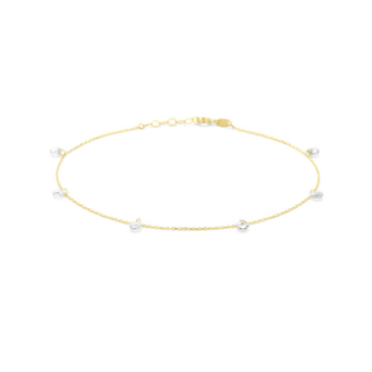 14k Geelgouden enkelbandje uitgevoerd met zirkonia en een karabijnsluiting. Het enkelbandje heeft een draaglengte van 24cm met een extensie van 2cm