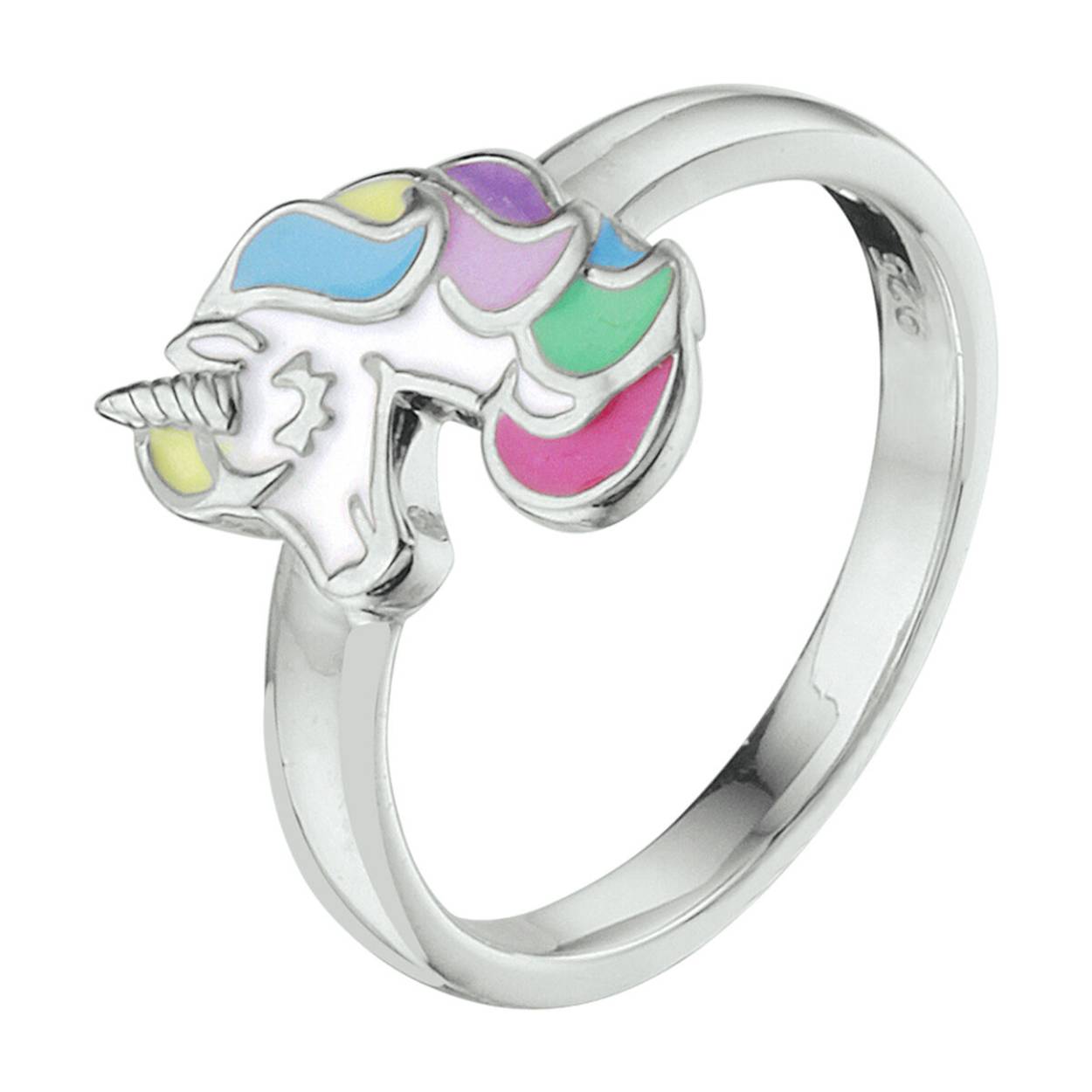 Gerhodineerd 925 zilveren ring uitgevoerd met een leuke eenhoorn. De ring heeft een breedte van 7.5mm.