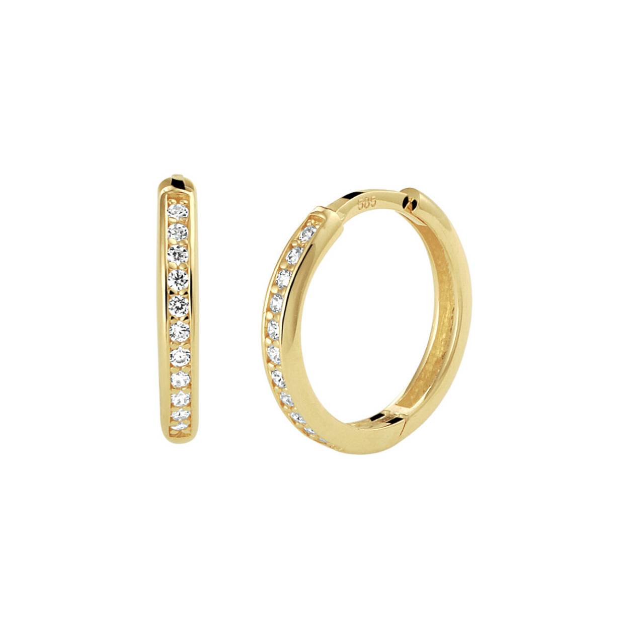 14k Geelgouden klapoorringen uitgevoerd met een schitterende zirkonia rij. De oorringen hebben een breedte van 2mm.