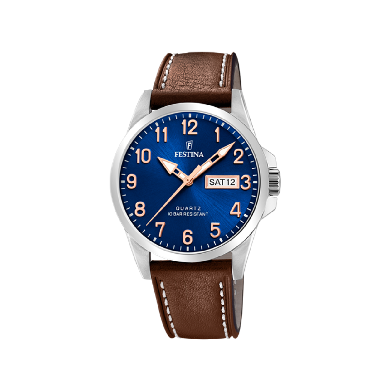 Herenuurwerk van Festina uit de 'Classics' collectie
Bruine lederen band
Zilverkleurige kast in edelstaal
Blauwe wijzerplaat met dag/datumaanduiding
Waterdichtheid: 10 ATM