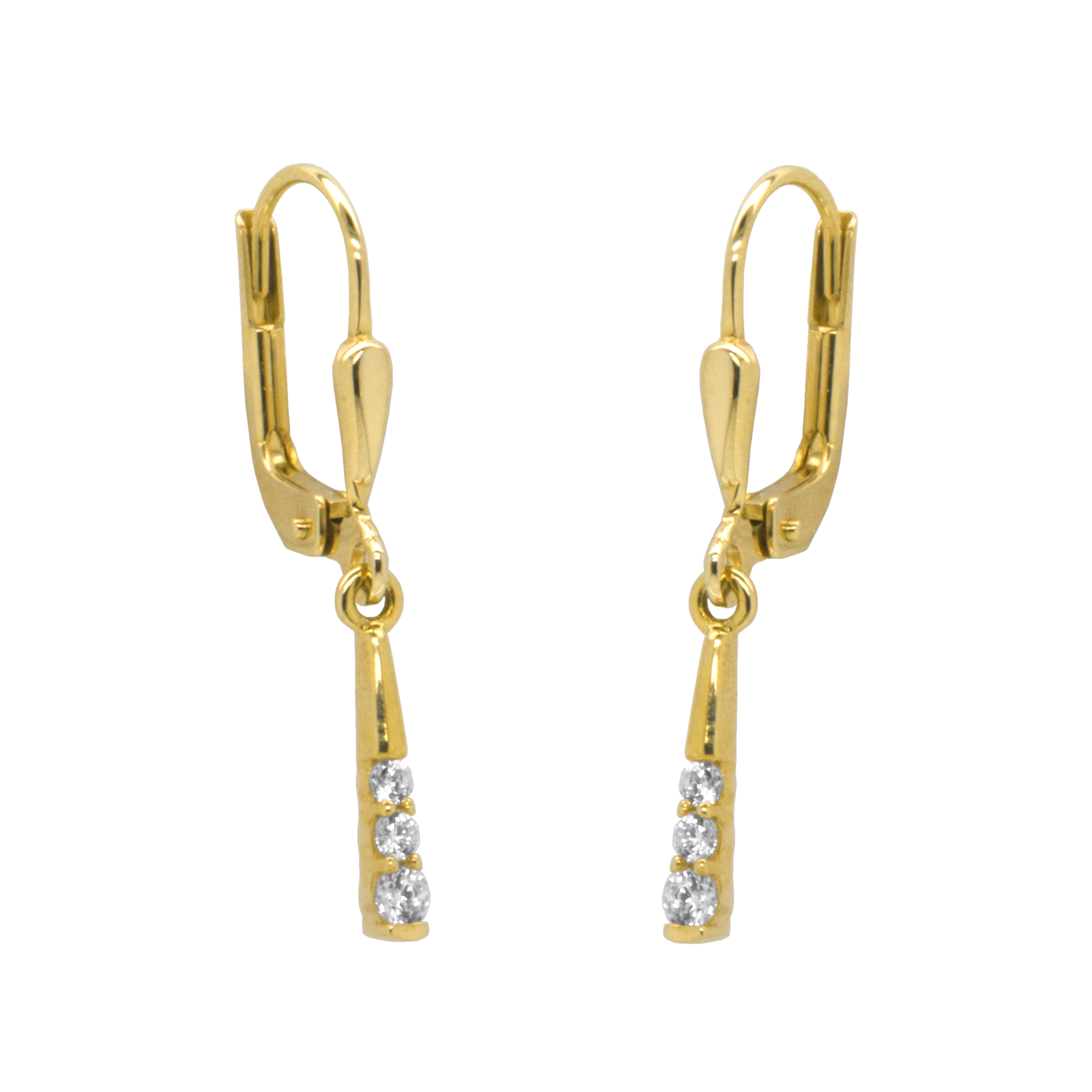 Deze geel gouden oorhangers zijn ontzettend elegant. Iedere oorhanger is voorzien van drie briljant geslepen zirkonia stenen, hierdoor schitteren deze oorhangers prachtig.