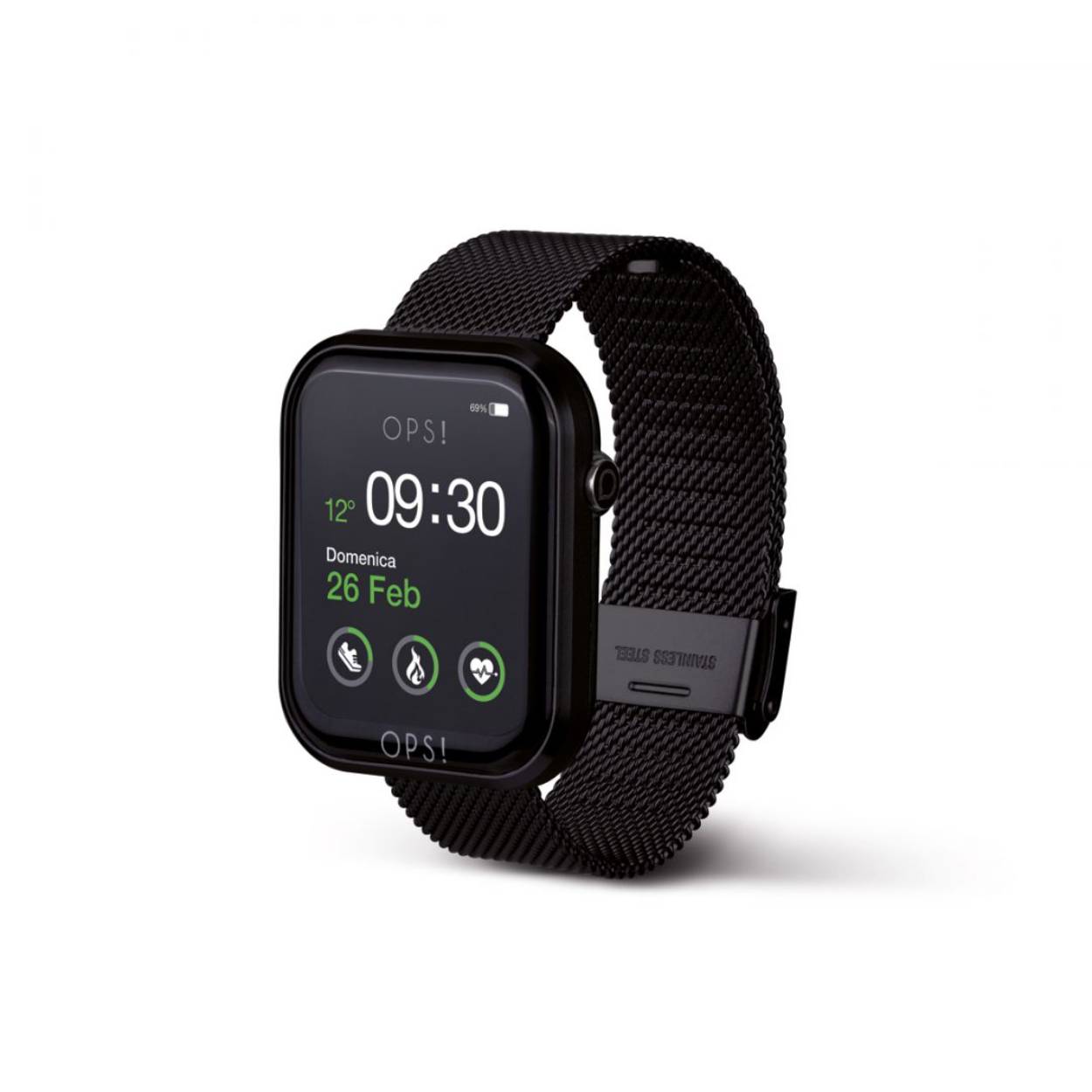 Smartwatch met aluminium en ABS kast en metalen band. Kastafmetingen 44x37x13 mm met 1,83-inch full-touch kleurenscherm. Binnenomtrek band: 180 mm tot 140 mm. Stalen gespsluiting.

Functies:
oproepwaarschuwing en melding, stappenteller, polsdetectie, calorieën, afstand, stopwatch, freq. Hartslag, bloeddruk, oxygenatie, timer, slaapmonitor, wekker, sedentaire herinnering, sport, drankwaarschuwing, afstandsbediening voor muziek, weer, shot, smartphone zoeken, aanpasbare achtergrond.