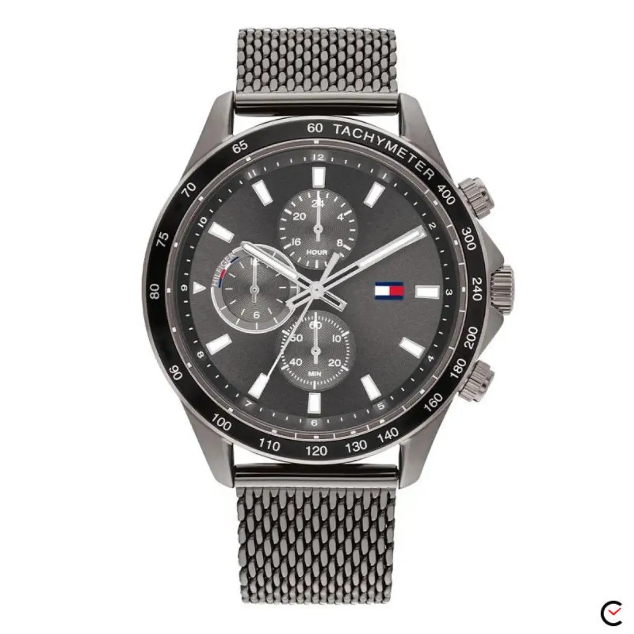 Prachtige Tommy Hilfiger horloge van de Miles serie. Mooie sportieve chronograaf met een Tachymeter en een milanese band!