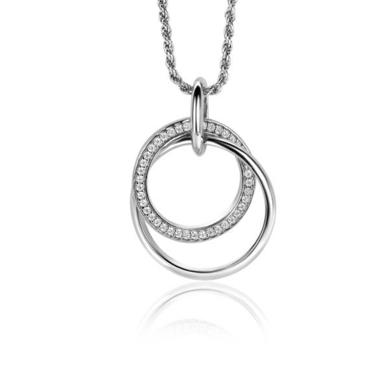 ZINZI zilveren hanger, waarbij twee grote ronde ringen met elkaar verweven zijn. Bezet met witte zirconia's ZIH2431 (exclusief ketting geprijsd)