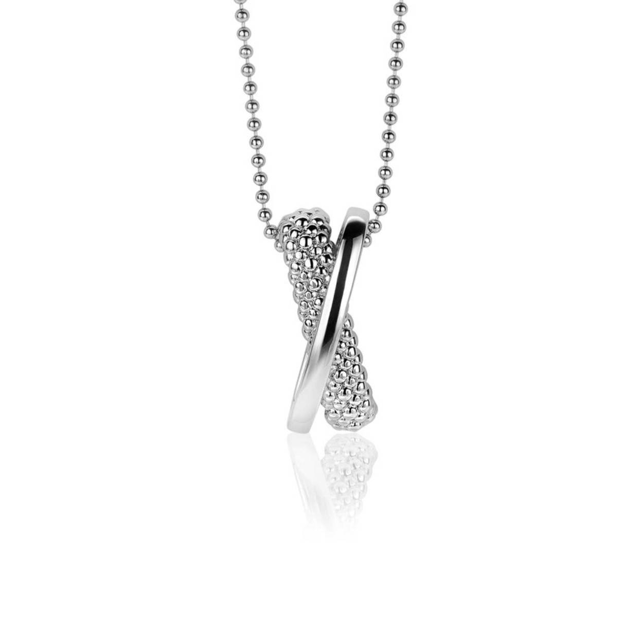 ZINZI zilveren hanger (20x8mm) met cross-over design. Een gladde smalle baan loopt over een bredere baan met bolletjespatroon. Combineer met een ketting naar wens. De hanger is exclusief collier geprijsd. En maak je look compleet met de bijpassende oorsieraden en ring! Vervaardigd van eerste gehalte zilver (925) en voorzien van een extra rodiumlaag voor een langdurige glans.