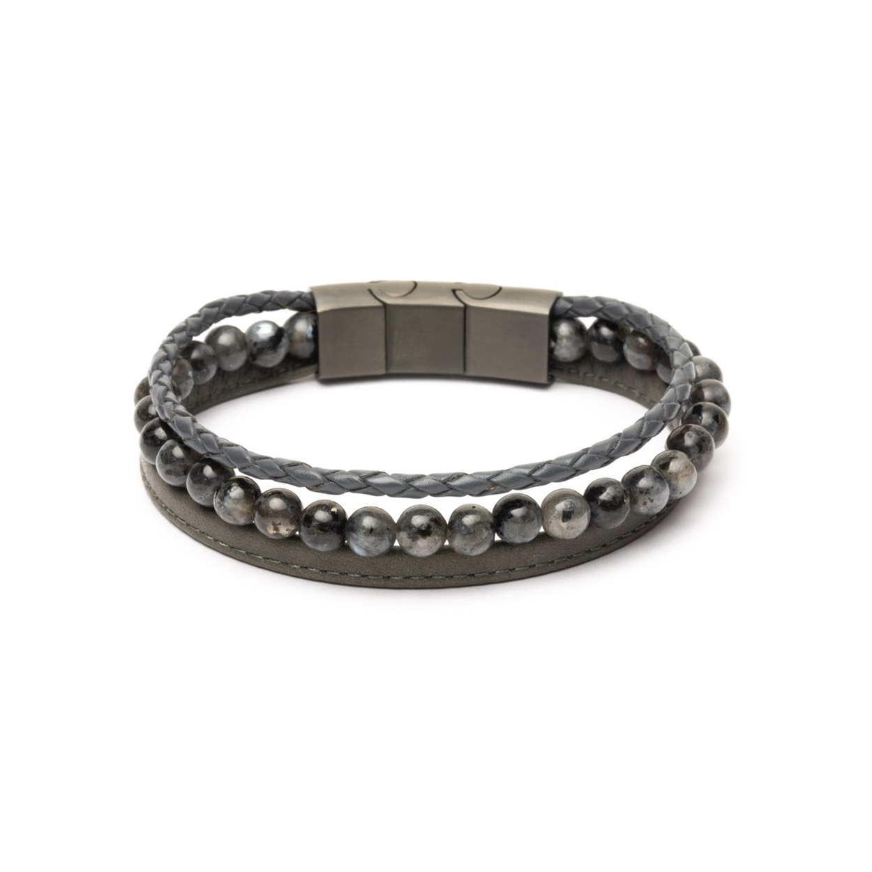 Deze Gemini armband combineert kwalitatief grijs leder met de larvikiet steen - Maat: M/L (20-21 cm)