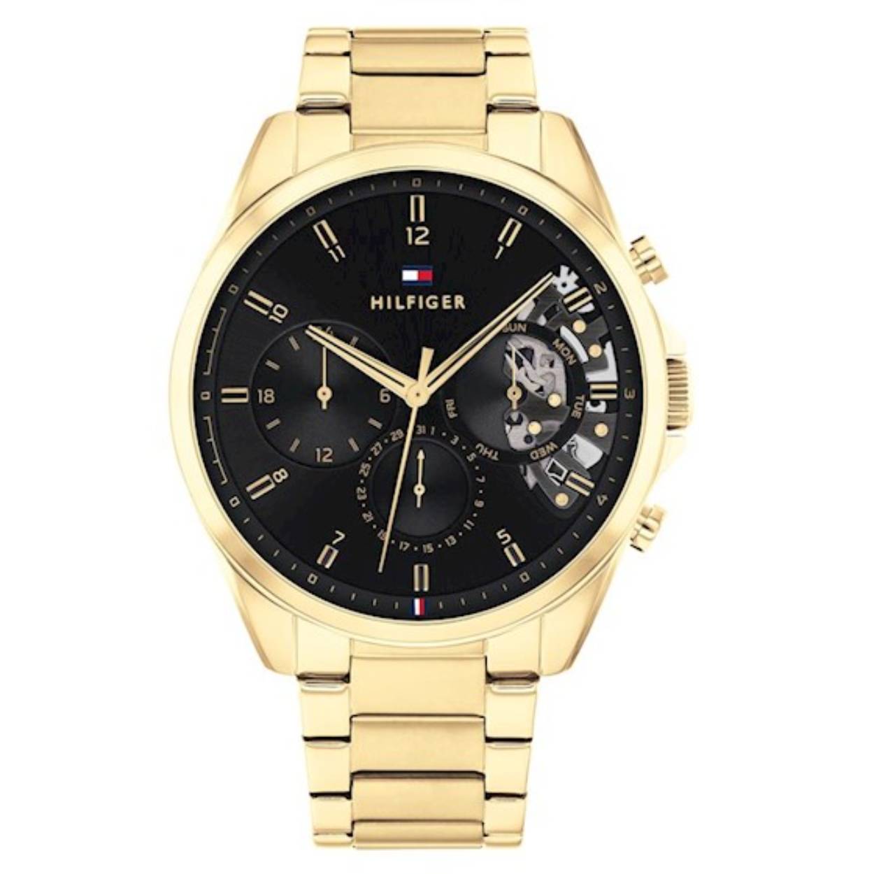 Dit is een herenhorloge van het merk Tommy Hilfiger uit de serie BAKER. Met een horlogekast gemaakt van staal en een goudkleurige band van staal.